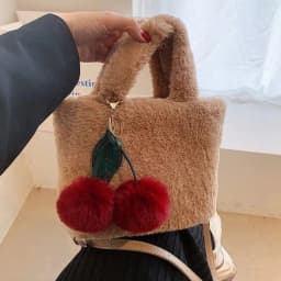 New Fluffy Rabbit Fur Cherry Keychain Ball Pompom Key Chain Handbag Car Key Chain Ring Gift Women‘s Bag Charm Backpack Accessory