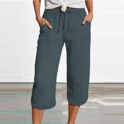 Women 3/4 Muslin Trouser Lightweight Linen Pants With Pockets Causal Loose Capri Trousers Elastic Comfortable Fabric Bottom