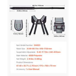SucceBuy 22 Pockets Tool Belt Work Tool Pouch Waist Adjustable 32 - 68in Utility Belt Bag Suspenders for Electrician Carpenter