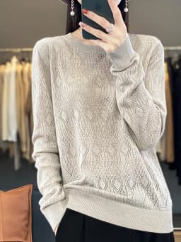 New Women Wool Blend Sweater Spring O-neck Geometric Hollow Pullover Fashion Soft Sweater Loose Casual Knit Base Tops