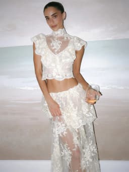 Tokyo Two Piece High Neck Floral Lace Maxi Dress Elegant Sheer Mesh Crop Top Skirt Set For Wedding Reception Cocktail Party 2026