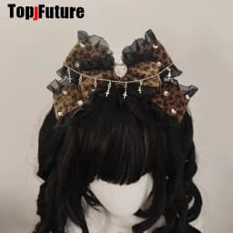 Mars Gal Harajuku Gothic Subculture Lace Leopard Print Lolita Steampunk Y2K Girl Women Bow Hair Clip Hair Clips Pins Hairpin