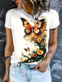 2026 New Summer Women's Round Neck 3D Printed T-Shirt Butterfly Graphics Fashion Short Sleeve Top Streetwear Tees Women Clothing