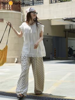 HanOrange 2026 Summer Retro Lazy Linen Polka Dot Wide Leg Pants Women High Waist Hanging Feeling Pants Black/Khaki