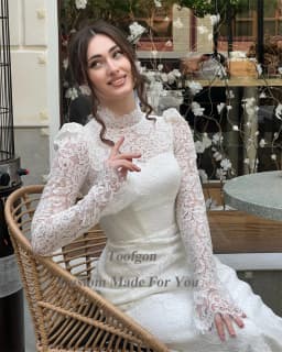 Toofgon Delicate Lace Formal Wedding Dresses Long Sleeves High Neck Buttons Bridal Gowns Bride Wedding Party Gowns Customized