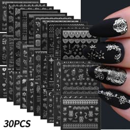 30 Sheets Christmas Nail Art Stickers Self Adhesive 3D White Snowflake Nail Decals Xmas Nail Supplies Christmas Manicure Sliders