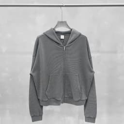Waffle Knit Full Zip Hoodie for Men Vintage Washed Hooded Sweatshirt Casual Loose Cotton Kangaroo Pocket Streetwear Clothes