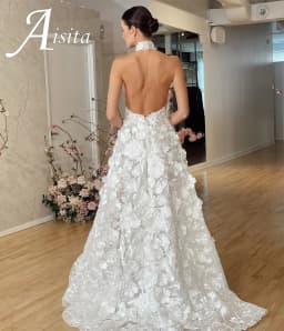 Party Dresses Halter Neck A-Line Sleeveless Lace Applique Backless vestidos de noiva Floor-Length Evening Dresses For Women