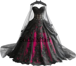 Gothic Weeding Dresses for Brides Black Lace Applique Bridal Dresses Embroidery Tiered Tulle Wedding Gowns with Cape
