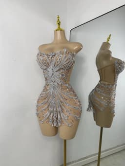 Luxury Women Sexy Sparkly Crystal Sequins Mesh See Through Openback Outfit Birthday Dress Dancer Performance Stage Costume