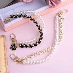 Pearl Bag Extender Chain Wallet Double Chain, Metal Purse Extender Strap PU Leather Handle Replacement for Handbags Purse