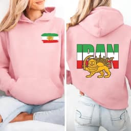 Lion and Sun Iran Sweatshirt Persian Flag Graphic Shirt Shir-o-Khorshid Emblem Iranian Heritage Shirt Patriotic Gifts Front Back