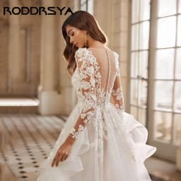 RODDRSYA Charming A-line Wedding Dresses Long Sleeve Tiered Tulle Bride Gowns Applique Lace Scoop vestidos de novia Customized