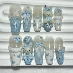 10PCS Cute 3D Bow Teddy Bear Pink French Handmade Press On Nails Lolita Kawaii Bunny Long Fake Nails Pearls Glitter Nail Art