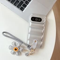 Cartoon Sunflower Down Jacket Lanyard Phone Case for Google Pixel 5 6 7 8 9 10 Pro 9A 7A 6A 5A Hand Wrist Strap Soft TPU Cover