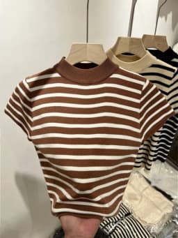 2026 Turtleneck Pullover Striped Sweater Slim Fit Top Shirt Women's Early Spring and Autumn Short Sleeve Bottoming Jumper