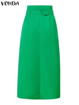 VONDA Women Solid Color Long Skirts 2025 Casual Waistband Button Design Slit Overskirts Elegant Office Lady Bottoms Oversized