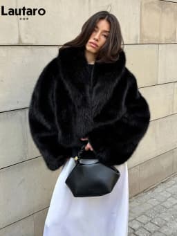 Lautaro Winter Short Thick Warm Shaggy Soft Black Faux Fur Coat Women Shawl Collar 2026 Loose Luxury High Quality Fluffy Jacket