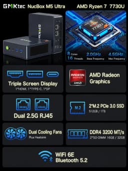 GMKtec Mini PC M5 Ultra AMD Ryzen 7 7730U DDR4 3200MT/s NVMe PCIe 3.0 Wi-Fi 6E BT 5.2 Win 11 Pro Gaming Desktop PC
