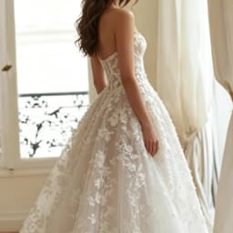 LSYX 2026 Trendy Strapless Deep V Neckline 3D Floral Lace-Embellished Sheer Illusion Sexy Wedding Dress Long Train Bridal Gowns