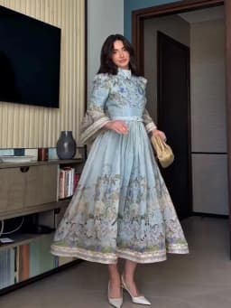 Lace Printed Women's Dress Elegant Half High Collar Loose Sleeve Single Breasted Belt Female Skirt 2026 Summer Lady Draped Robe