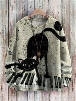 Cute Black Cat Flower Birds Art Pattern Print Casual Knit Pullover Sweater Classic Sweater Men's For Women's Pullover