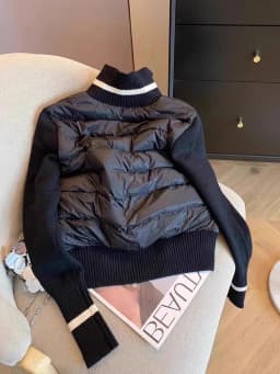 Women's Down Cotton Jacket Autumn Winter Color Contrast Splicing Knitted Long Sleeve Coats Lightweight Stand Collar Outerwear