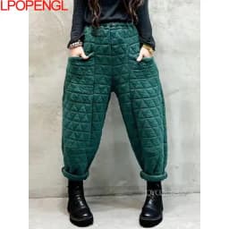 New Warm Harem Pants Casual Mom Plaid Trousers Snow Wear Cotton Thick Baggy Pant Elastic High Waist Sweatpants 2022 Winter