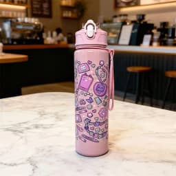750ml Cute Cartoon Pattern Plastic Water Cup, Large Capacity, Portable, Leak-Proof, with Carrying Strap and Straw, for Travel