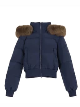 Lady Navy Blue Cropped Hooded Puffer Jacket With Faux Fur Collar Zip‑up Loose Short Cotton Padded Coat Winter Warm Outerwear
