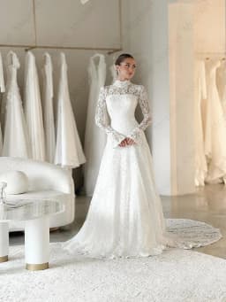 Elegant Wedding Dresses High Neck Long Sleeve A Line Lace Bride Dress for Women Sweep Train White Church Bridal Gown Customized