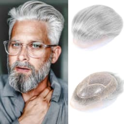 #1B40/#1B60/#1B80 Grey Men's Toupee Hair Replacement System Human Hairpiece Back Style Mono PU Breathable Lace Front Male Wig