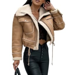 Women PU Patchwork Warm Plush Jacket Fashion Winter Long Sleeve Zipper Short Coats Streetwear with Pockets Outwear