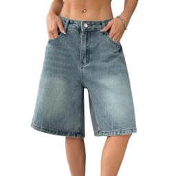 Women's Bermuda Jean Shorts High Waisted Knee Length Baggy Jorts Wide Leg Loose Denim Shorts with Pockets