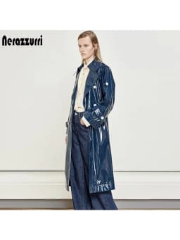 Nerazzurri Spring Autumn Waterproof Long Thin Soft Flowy Shiny Reflective Dark Blue Faux Leather Trench Coat for Women 2025