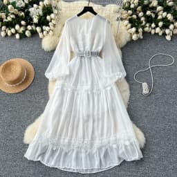 French Vintage O Neck Hollow Out Lace Patchwork Long Lantern Sleeves Korean Fashion Dresses Women's Autumn Waist Sweet Clothing