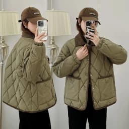 Autumn Winter Overcoat PU Leather Cotton-padded Jacket Women's Rhombic Lattice Short Coats Female Warm Outerwear No-wash Parkas