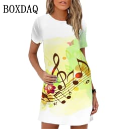 Summer Women Dress 3D Music Notes Patterns Print Mini Dress Streetwear Clothing Casual Short Sleeve Girls Woman Dress