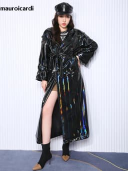 Mauroicardi Spring Soft Thin Flowy Shiny Reflective Holographic Black PVC Faux Leather Trench Coat for Women Maxi Y2K Streetwear