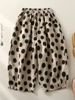 Artistic Large Polka Dot Linen Lantern Wide Leg Pants Women Summer Thin Elastic Waist Loose Casual Seven-Foot Pants