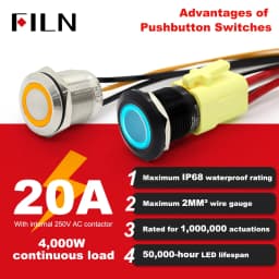 High Current 19mm 22mm 20A 12V 24V 110V 220V IP68 Waterproof Flat Ring Round Push Button Switch Metal Stainless Steel 20cm Wire