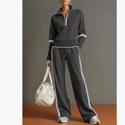 Women Quarter Zip Sweatshirt Wide Leg Pants Set Striped Trim Casual Loungewear 2 Piece Outfit for Everyday Wear and Relaxed Days