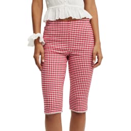 Women Plaid Capri Pants Mid Rise Side Split Knee Length Trousers Casual Leggings for Daily Party Club
