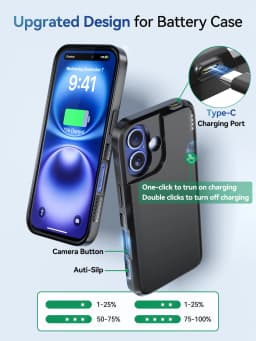 USB-C Battery Case for iPhone 16/16 Pro/16 Pro Max/16 Plus Portable Wireless Charging Cover Power Bank Extended Battery Pack