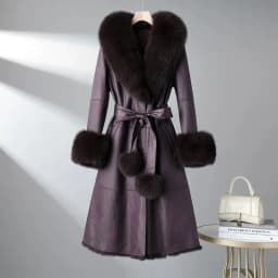 2023 New Rabbit Fur One Piece Coat for Women Mid length Fox Fur Collar Lace up Slim Fit Haining Fur Coat for Women