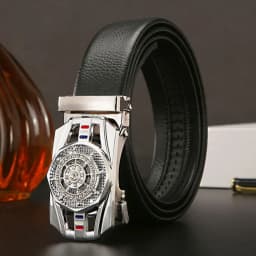 Men Business Time To Run Belt Man Automatic Buckle Leather Belt Golden Waist Buckle Males Luxury Belt Rhinestone Decoration