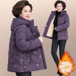 Warm Fleece Lined Cotton Jacket for Middle-Aged And Elderly Women Casual Style Winter Coat with Hood Zipper Closure And Pockets