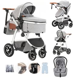 3 in 1 Prams Travel System, Pushchair with Height Adjustable Handle, Travel Pram with Mosquito Net, Baby Stroller with Aluminum
