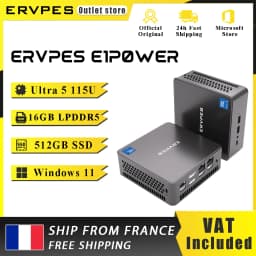 Ervpes E1Power Mini Ai Pc Intel Core Ultra 5 115U 8 Cores 10 Threads 16Gb Lpddr5 512Gb Ssd Wifi Bluetooth USB HDMI Type-C Windows 11 Wifi 6 Bt5.0