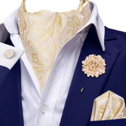 Hi-Tie 4pcs Mens Paisley Ascot With Brooch Black Blue Gold Beige Cravat Tie Hanky Cufflinks for Wedding Business Prom Gift